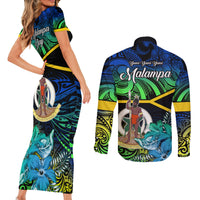 malampa-day-couples-matching-short-sleeve-bodycon-dress-and-long-sleeve-button-shirts-vanuatu-flowers-with-malampa-emblem-tribal-pattern