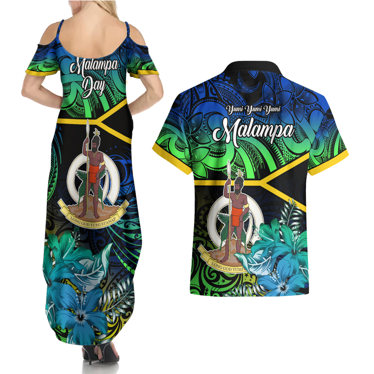 malampa-day-couples-matching-summer-maxi-dress-and-hawaiian-shirt-vanuatu-flowers-with-malampa-emblem-tribal-pattern