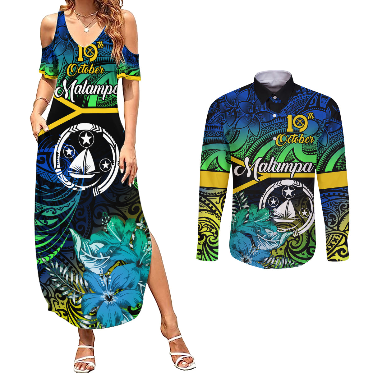 malampa-day-couples-matching-summer-maxi-dress-and-long-sleeve-button-shirts-vanuatu-flowers-with-malampa-emblem-tribal-pattern