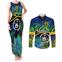 malampa-day-couples-matching-tank-maxi-dress-and-long-sleeve-button-shirts-vanuatu-flowers-with-malampa-emblem-tribal-pattern