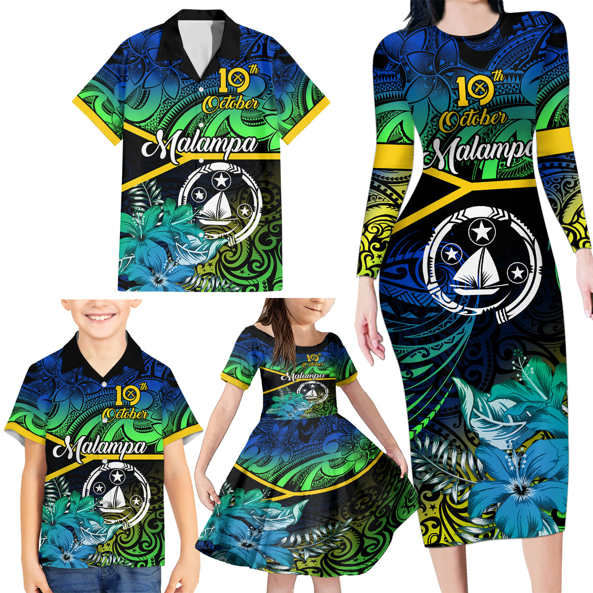 Malampa Day Family Matching Long Sleeve Bodycon Dress and Hawaiian Shirt Vanuatu Flowers with Malampa Emblem Tribal Pattern LT9 - Polynesian Pride