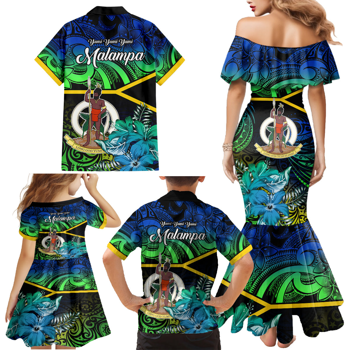 Malampa Day Family Matching Mermaid Dress and Hawaiian Shirt Vanuatu Flowers with Malampa Emblem Tribal Pattern LT9 - Polynesian Pride