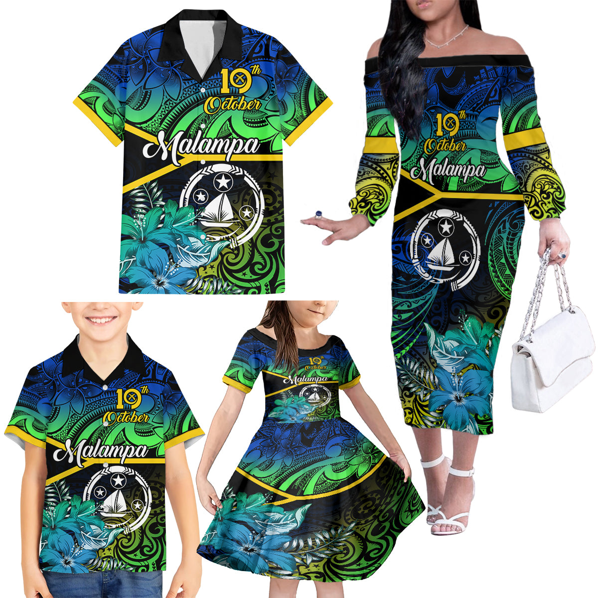 Malampa Day Family Matching Off Shoulder Long Sleeve Dress and Hawaiian Shirt Vanuatu Flowers with Malampa Emblem Tribal Pattern LT9 - Polynesian Pride