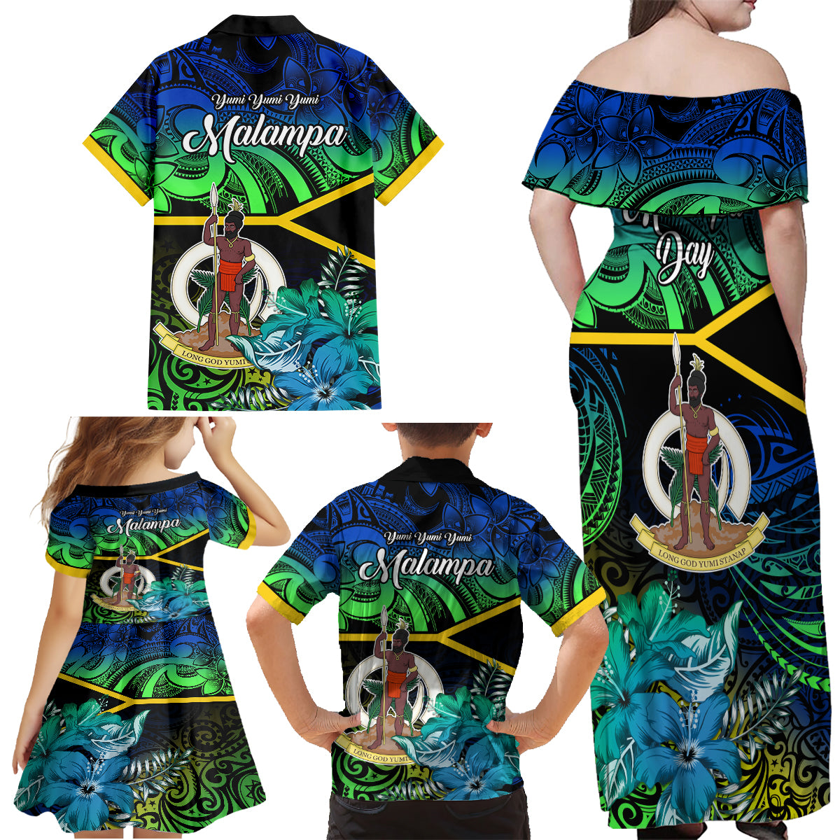 Malampa Day Family Matching Off Shoulder Maxi Dress and Hawaiian Shirt Vanuatu Flowers with Malampa Emblem Tribal Pattern LT9 - Polynesian Pride