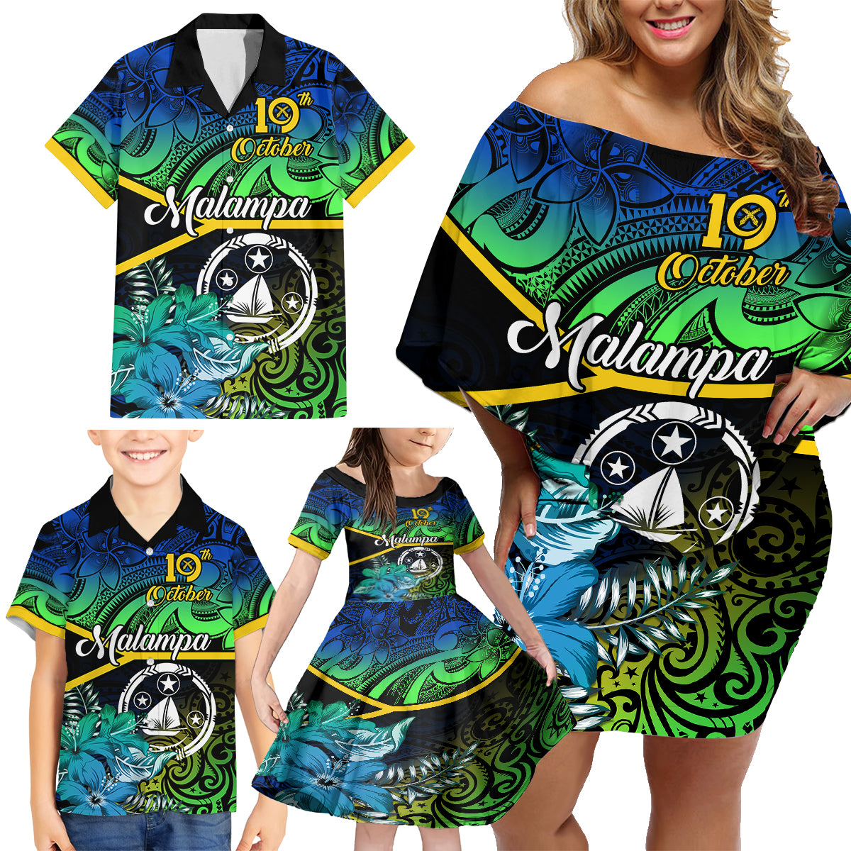 Malampa Day Family Matching Off Shoulder Short Dress and Hawaiian Shirt Vanuatu Flowers with Malampa Emblem Tribal Pattern LT9 - Polynesian Pride