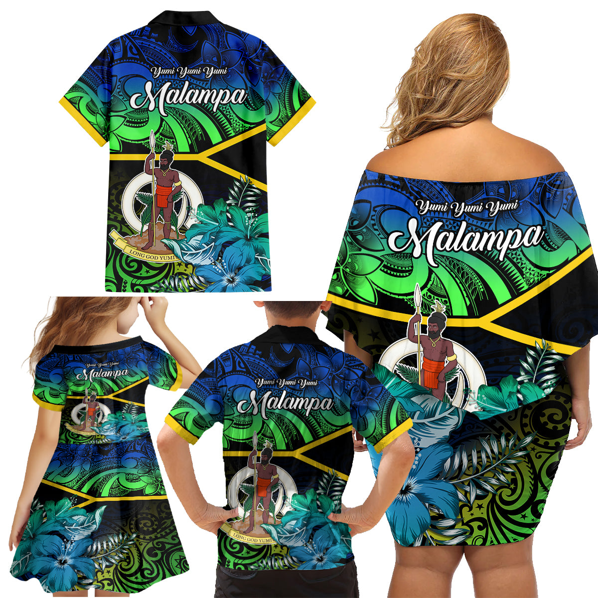 Malampa Day Family Matching Off Shoulder Short Dress and Hawaiian Shirt Vanuatu Flowers with Malampa Emblem Tribal Pattern LT9 - Polynesian Pride