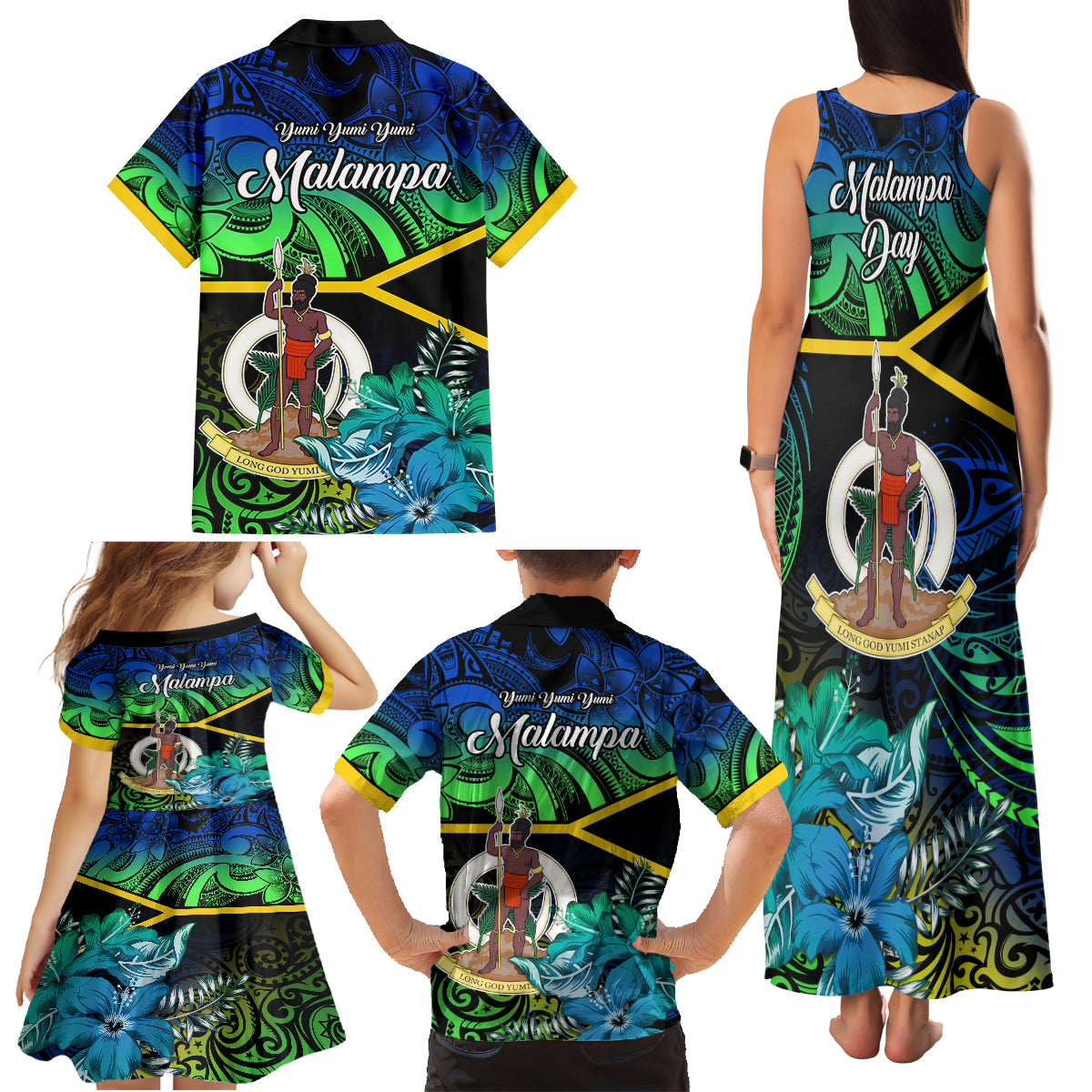 Malampa Day Family Matching Tank Maxi Dress and Hawaiian Shirt Vanuatu Flowers with Malampa Emblem Tribal Pattern LT9 - Polynesian Pride