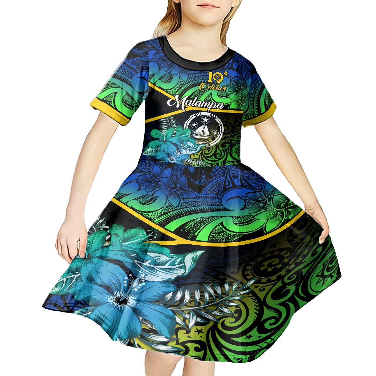 malampa-day-kid-short-sleeve-dress-vanuatu-flowers-with-malampa-emblem-tribal-pattern