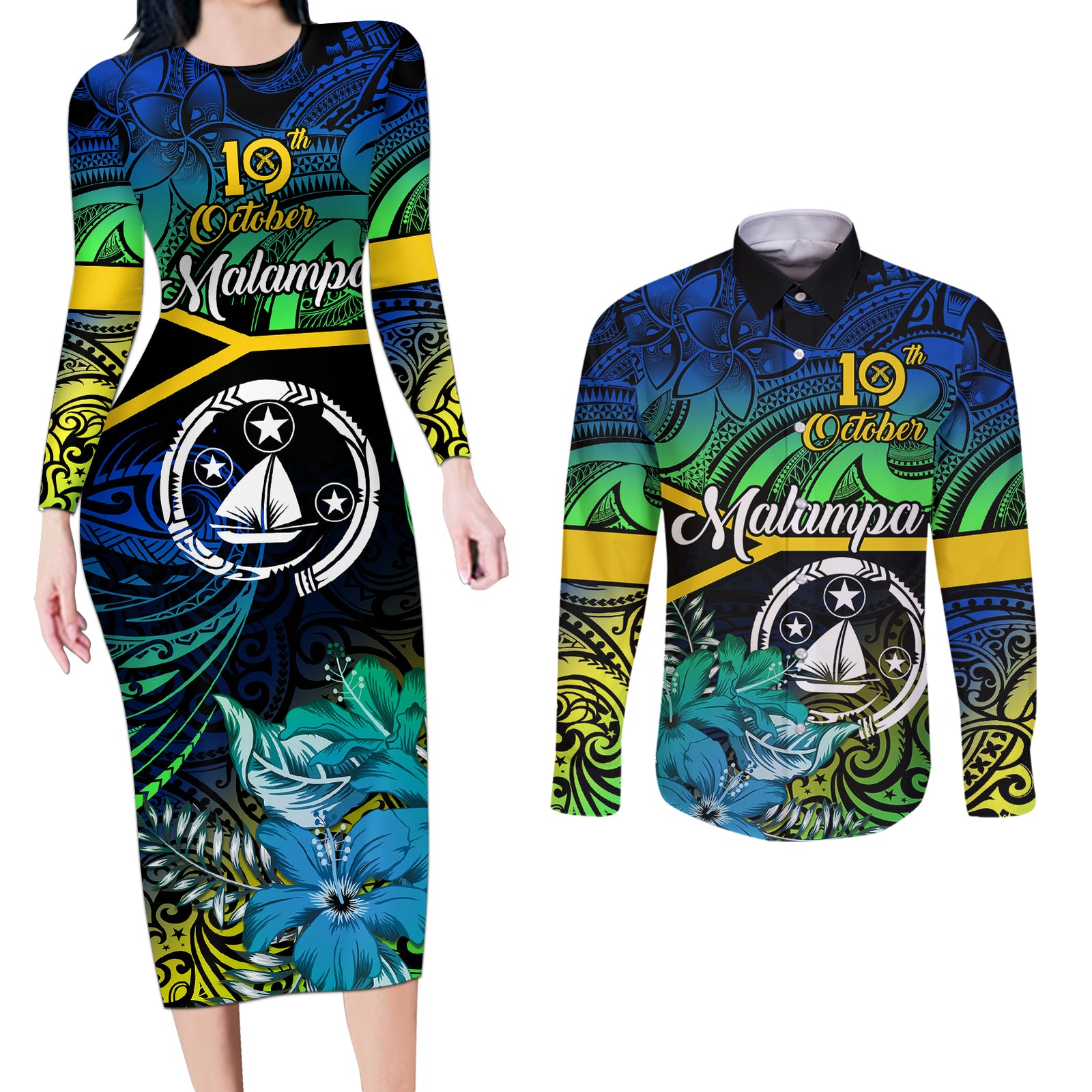 personalised-malampa-day-couples-matching-long-sleeve-bodycon-dress-and-long-sleeve-button-shirts-vanuatu-flowers-with-malampa-emblem-tribal-pattern