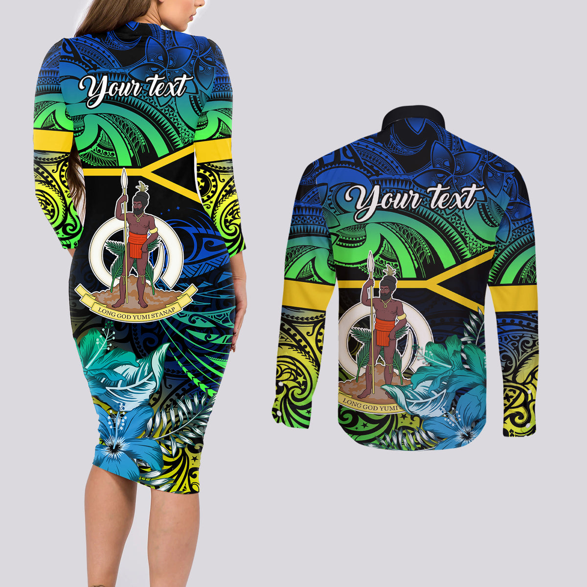 personalised-malampa-day-couples-matching-long-sleeve-bodycon-dress-and-long-sleeve-button-shirts-vanuatu-flowers-with-malampa-emblem-tribal-pattern