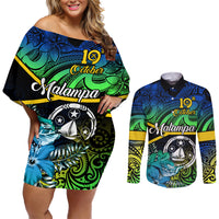 personalised-malampa-day-couples-matching-off-shoulder-short-dress-and-long-sleeve-button-shirts-vanuatu-flowers-with-malampa-emblem-tribal-pattern