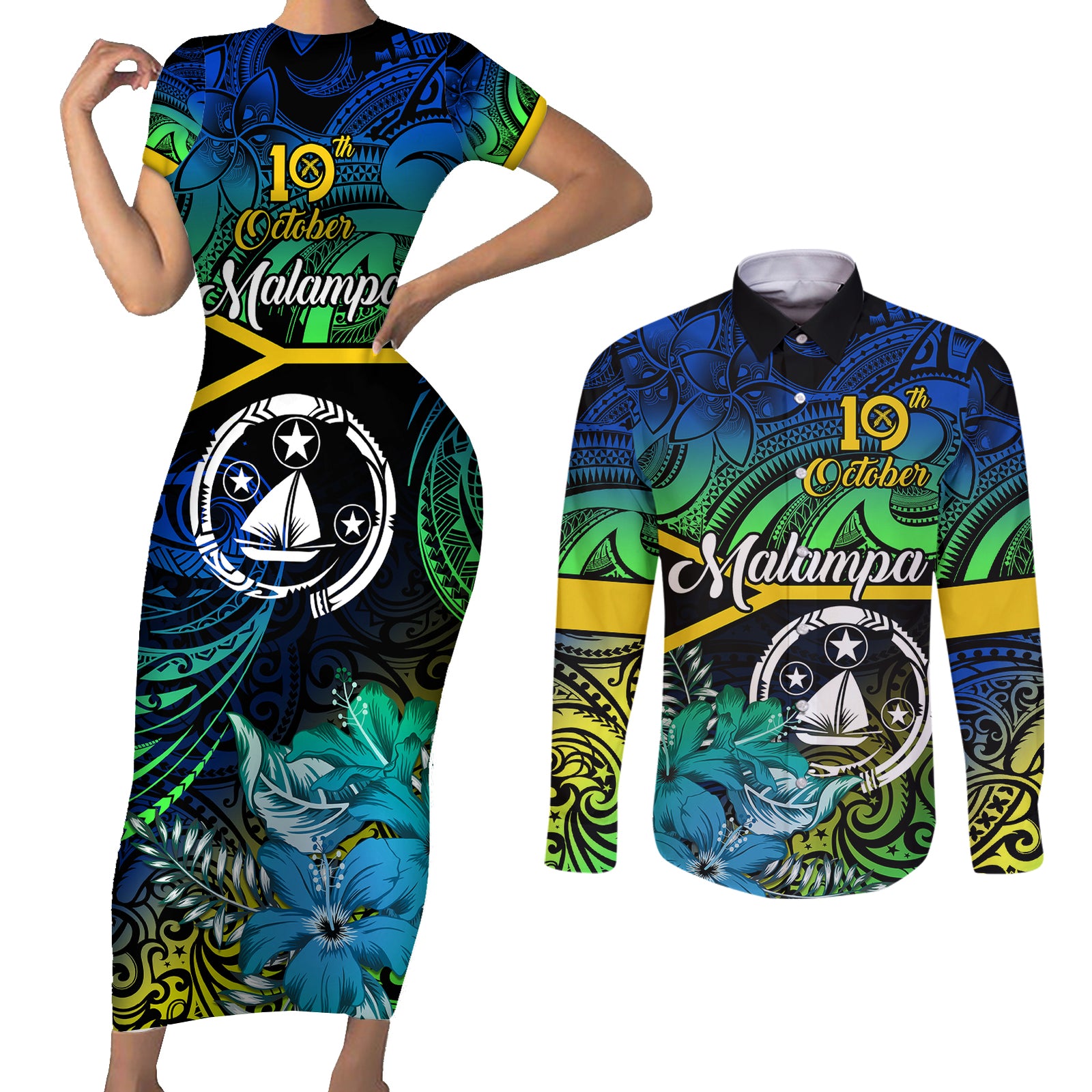 personalised-malampa-day-couples-matching-short-sleeve-bodycon-dress-and-long-sleeve-button-shirts-vanuatu-flowers-with-malampa-emblem-tribal-pattern