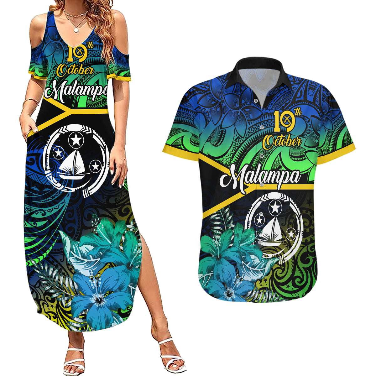 personalised-malampa-day-couples-matching-summer-maxi-dress-and-hawaiian-shirt-vanuatu-flowers-with-malampa-emblem-tribal-pattern