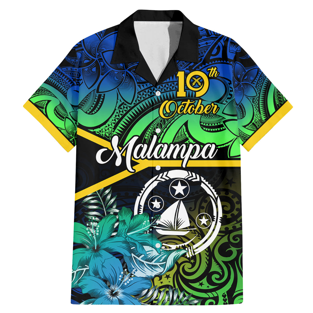 Personalised Malampa Day Family Matching Mermaid Dress and Hawaiian Shirt Vanuatu Flowers with Malampa Emblem Tribal Pattern LT9 Dad's Shirt - Short Sleeve Black - Polynesian Pride