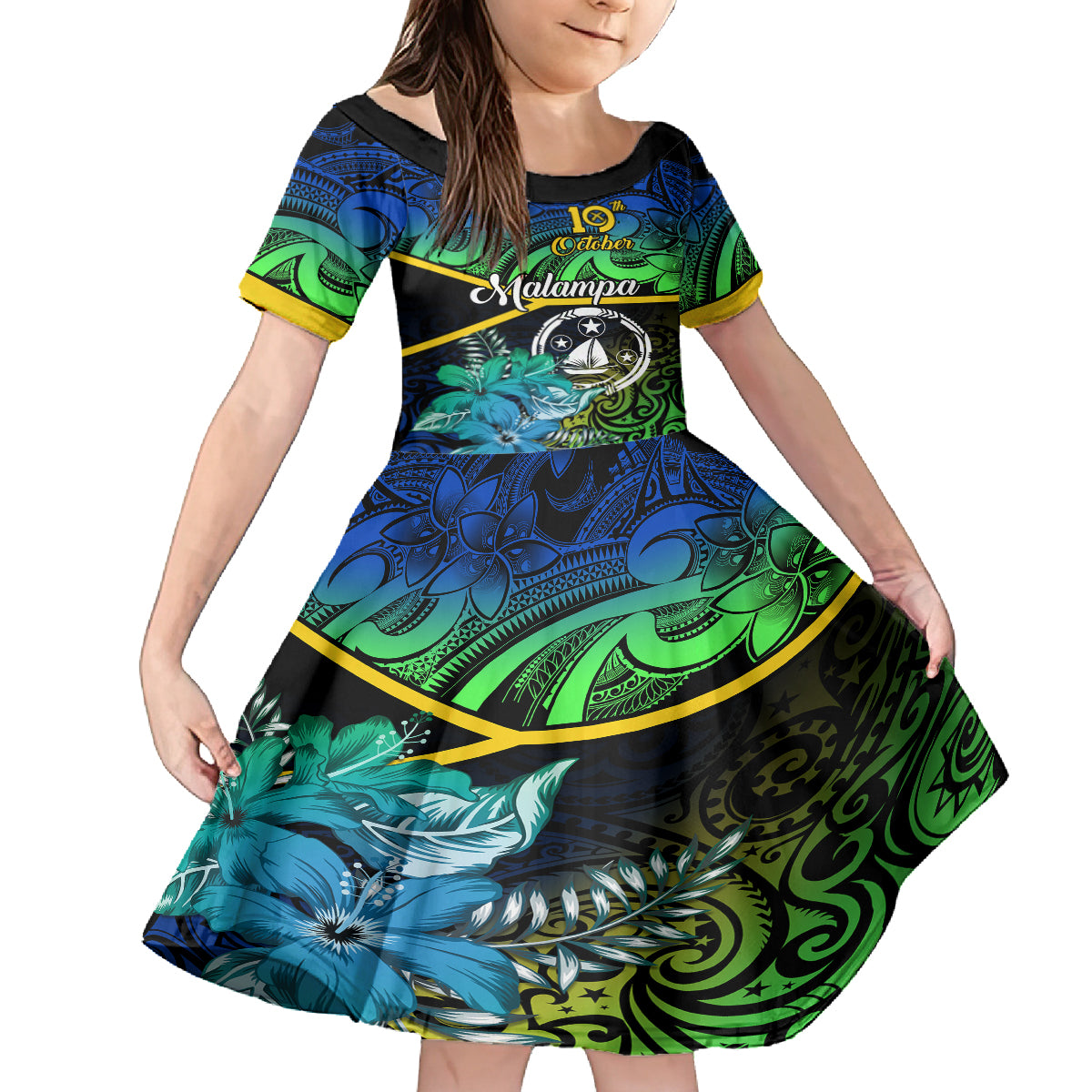 Personalised Malampa Day Family Matching Off Shoulder Long Sleeve Dress and Hawaiian Shirt Vanuatu Flowers with Malampa Emblem Tribal Pattern LT9 Daughter's Dress Black - Polynesian Pride