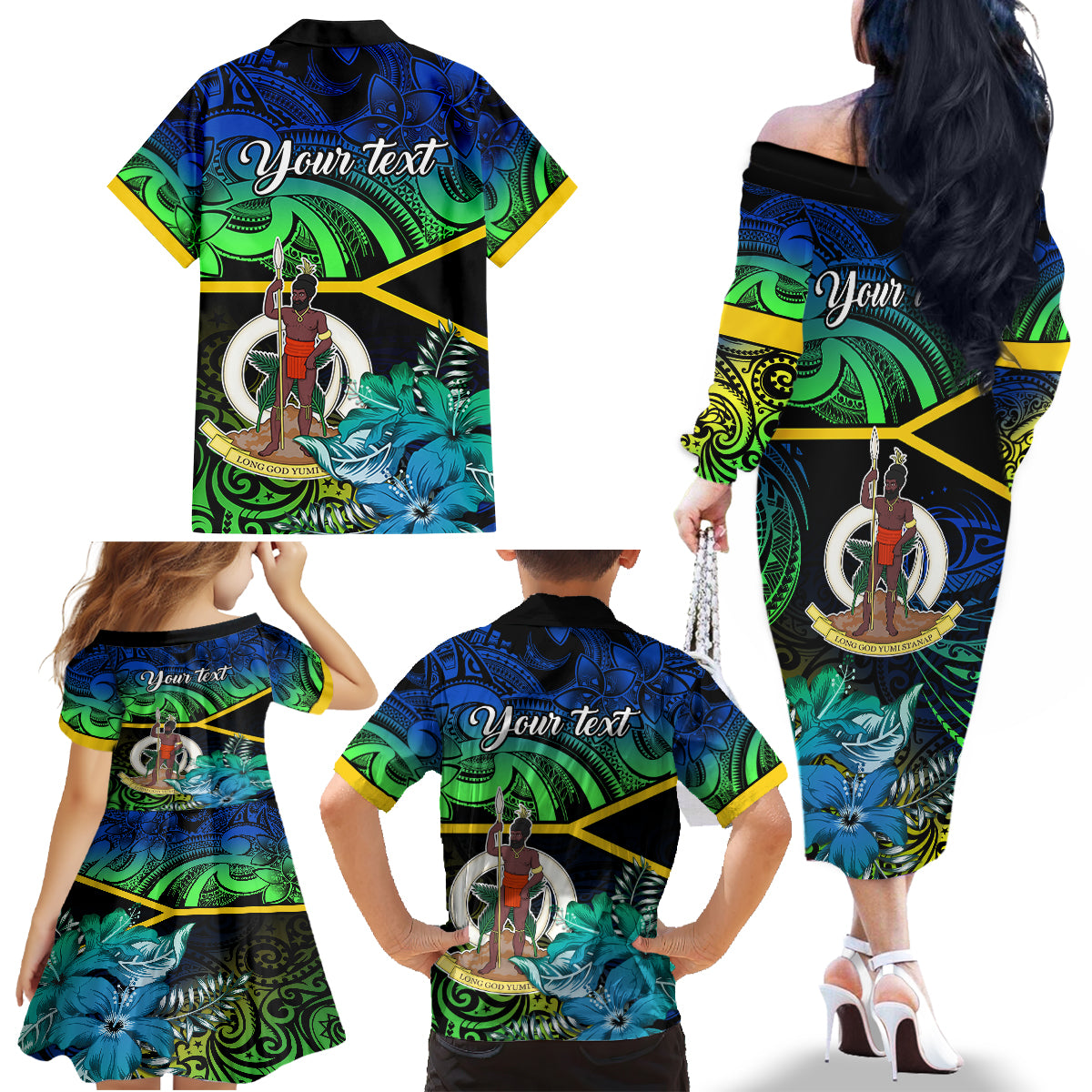 Personalised Malampa Day Family Matching Off Shoulder Long Sleeve Dress and Hawaiian Shirt Vanuatu Flowers with Malampa Emblem Tribal Pattern LT9 - Polynesian Pride
