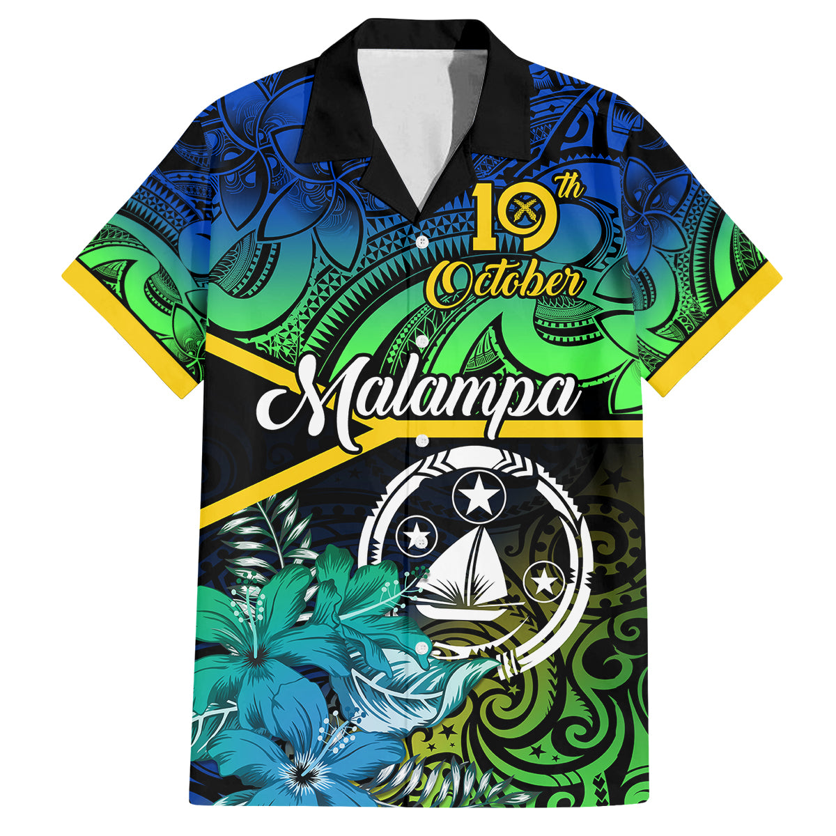 Personalised Malampa Day Family Matching Off Shoulder Long Sleeve Dress and Hawaiian Shirt Vanuatu Flowers with Malampa Emblem Tribal Pattern LT9 Dad's Shirt - Short Sleeve Black - Polynesian Pride