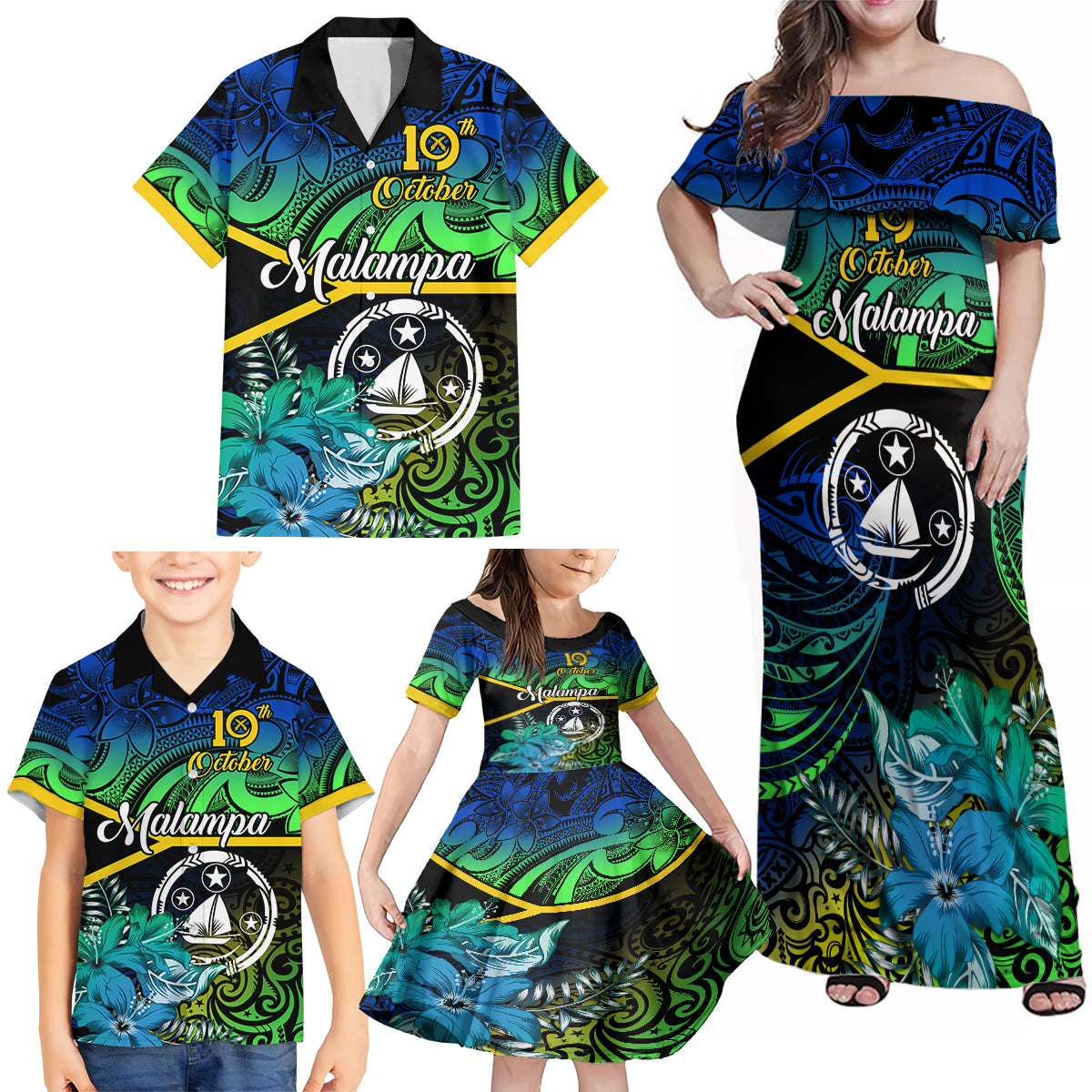 Personalised Malampa Day Family Matching Off Shoulder Maxi Dress and Hawaiian Shirt Vanuatu Flowers with Malampa Emblem Tribal Pattern LT9 - Polynesian Pride