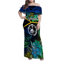 Personalised Malampa Day Family Matching Off Shoulder Maxi Dress and Hawaiian Shirt Vanuatu Flowers with Malampa Emblem Tribal Pattern LT9 Mom's Dress Black - Polynesian Pride