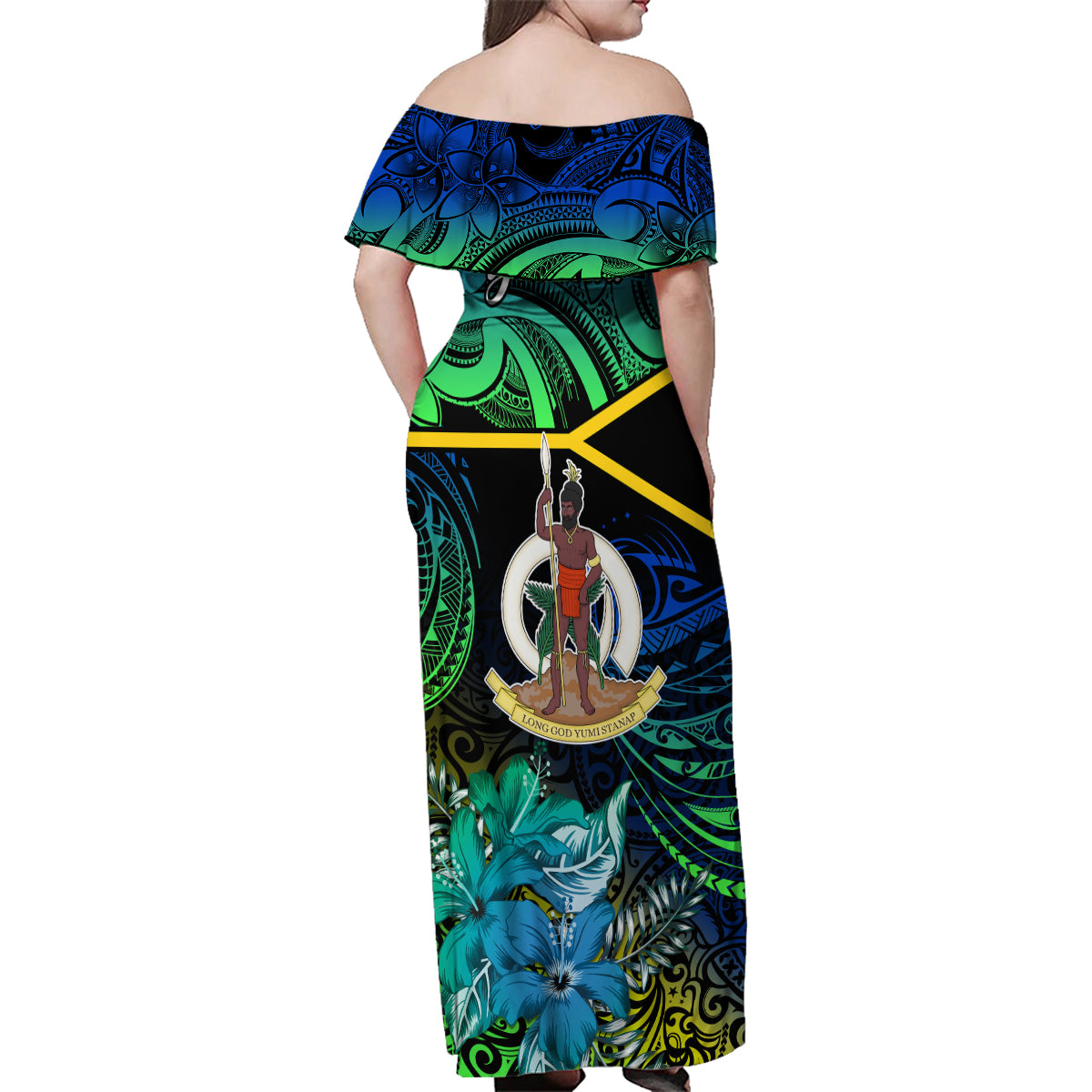 Personalised Malampa Day Family Matching Off Shoulder Maxi Dress and Hawaiian Shirt Vanuatu Flowers with Malampa Emblem Tribal Pattern LT9 - Polynesian Pride