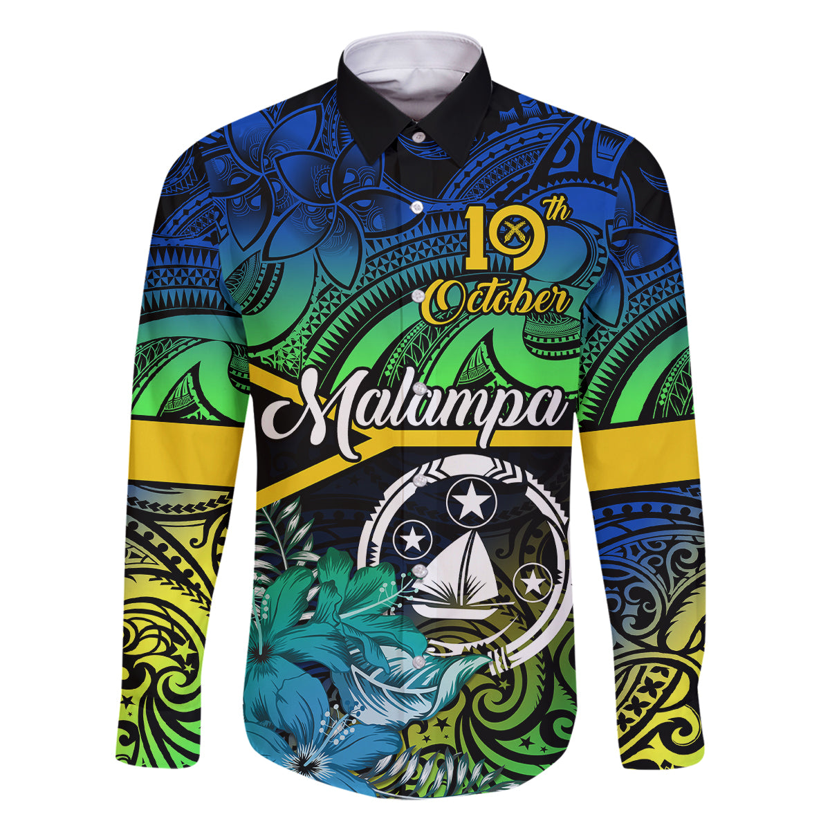 Personalised Malampa Day Family Matching Off Shoulder Short Dress and Hawaiian Shirt Vanuatu Flowers with Malampa Emblem Tribal Pattern LT9 Dad's Shirt - Long Sleeve Black - Polynesian Pride
