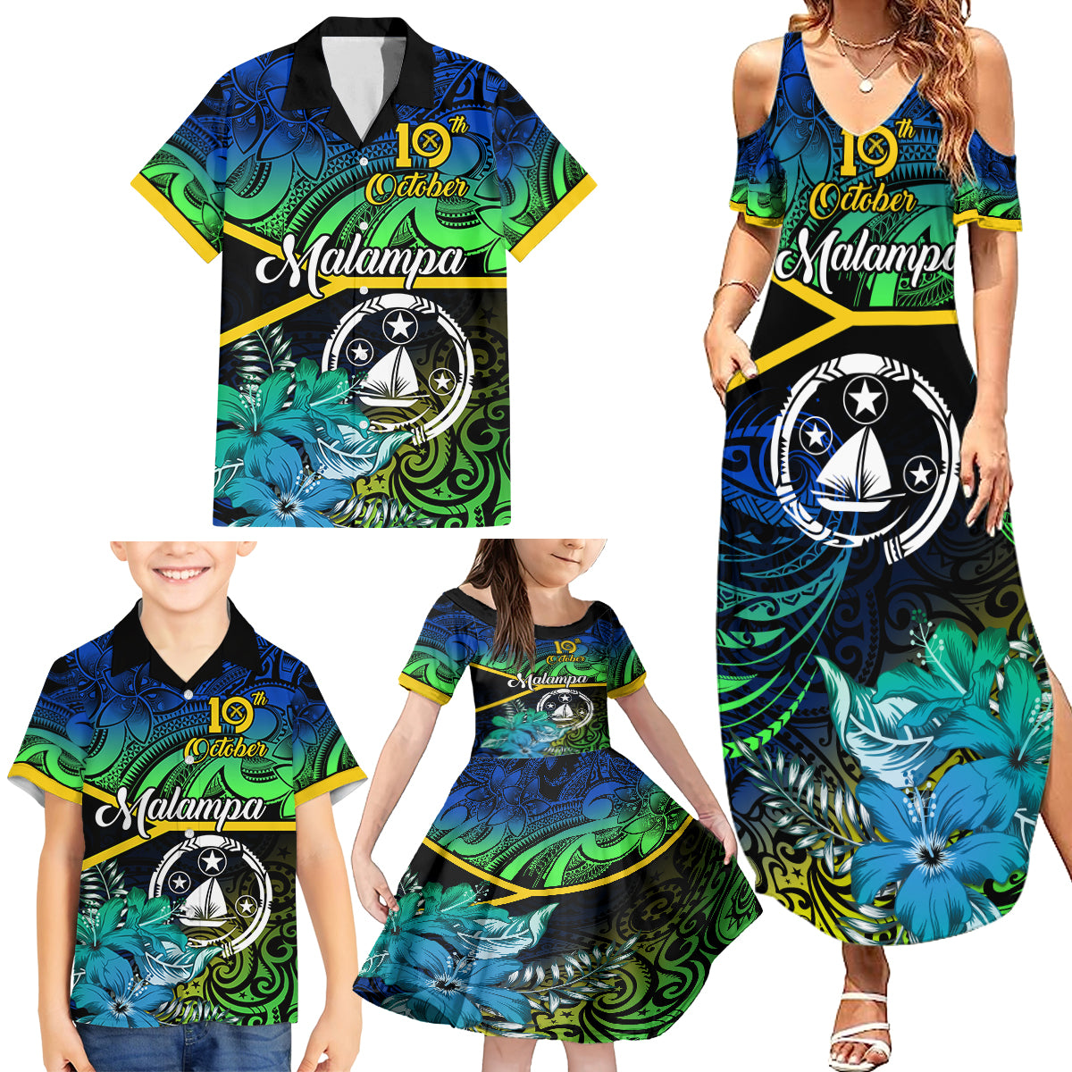 Personalised Malampa Day Family Matching Summer Maxi Dress and Hawaiian Shirt Vanuatu Flowers with Malampa Emblem Tribal Pattern LT9 - Polynesian Pride