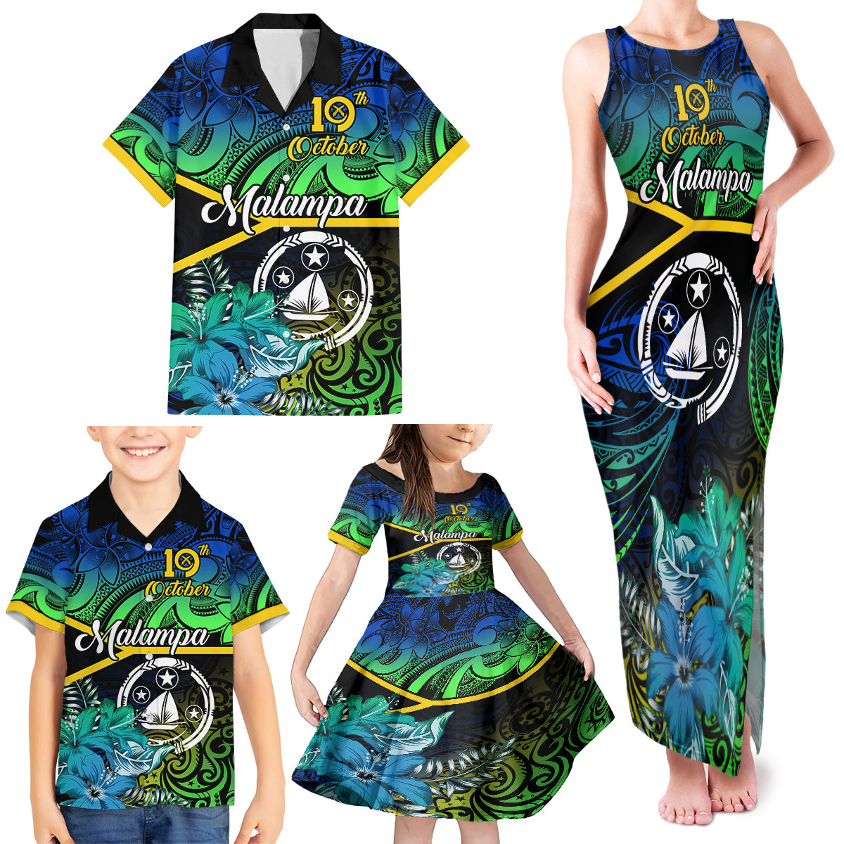 Personalised Malampa Day Family Matching Tank Maxi Dress and Hawaiian Shirt Vanuatu Flowers with Malampa Emblem Tribal Pattern LT9 - Polynesian Pride