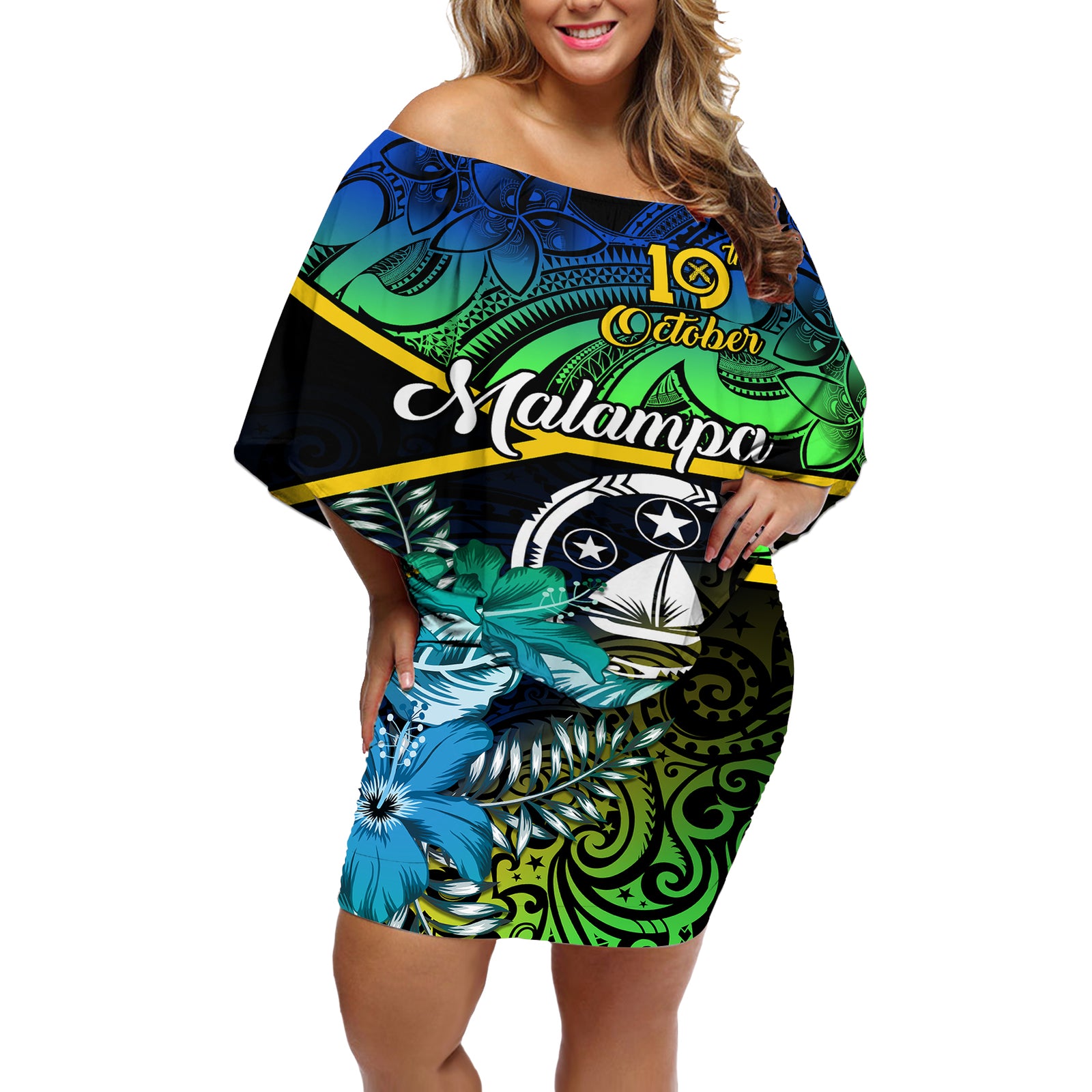 personalised-malampa-day-off-shoulder-short-dress-vanuatu-flowers-with-malampa-emblem-tribal-pattern