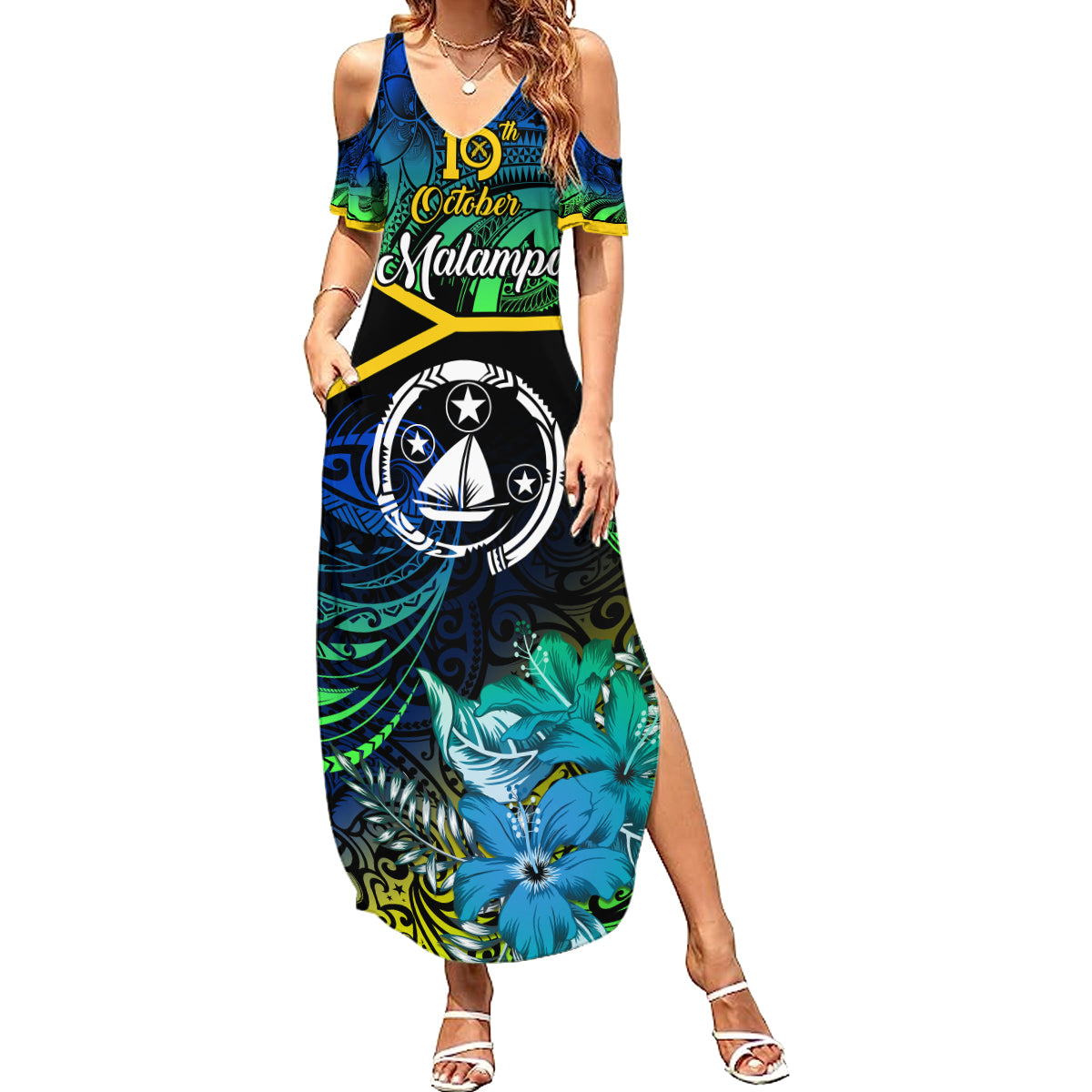 personalised-malampa-day-summer-maxi-dress-vanuatu-flowers-with-malampa-emblem-tribal-pattern