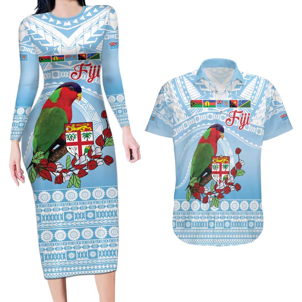 Melanesian Fiji Kula Bird Couples Matching Long Sleeve Bodycon Dress and Hawaiian Shirt with Tagimoucia Masi Tapa Pattern LT9 Blue - Polynesian Pride