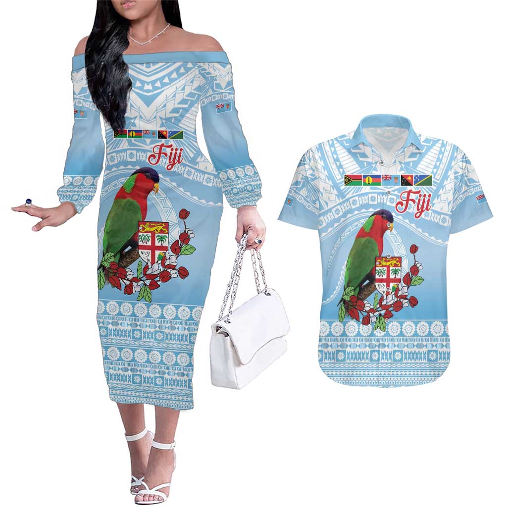 Melanesian Fiji Kula Bird Couples Matching Off The Shoulder Long Sleeve Dress and Hawaiian Shirt with Tagimoucia Masi Tapa Pattern LT9 Blue - Polynesian Pride