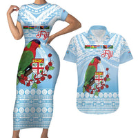 Melanesian Fiji Kula Bird Couples Matching Short Sleeve Bodycon Dress and Hawaiian Shirt with Tagimoucia Masi Tapa Pattern LT9 Blue - Polynesian Pride