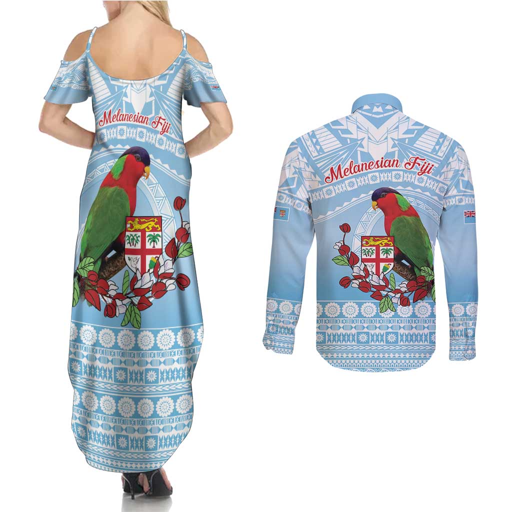Melanesian Fiji Kula Bird Couples Matching Summer Maxi Dress and Long Sleeve Button Shirt with Tagimoucia Masi Tapa Pattern