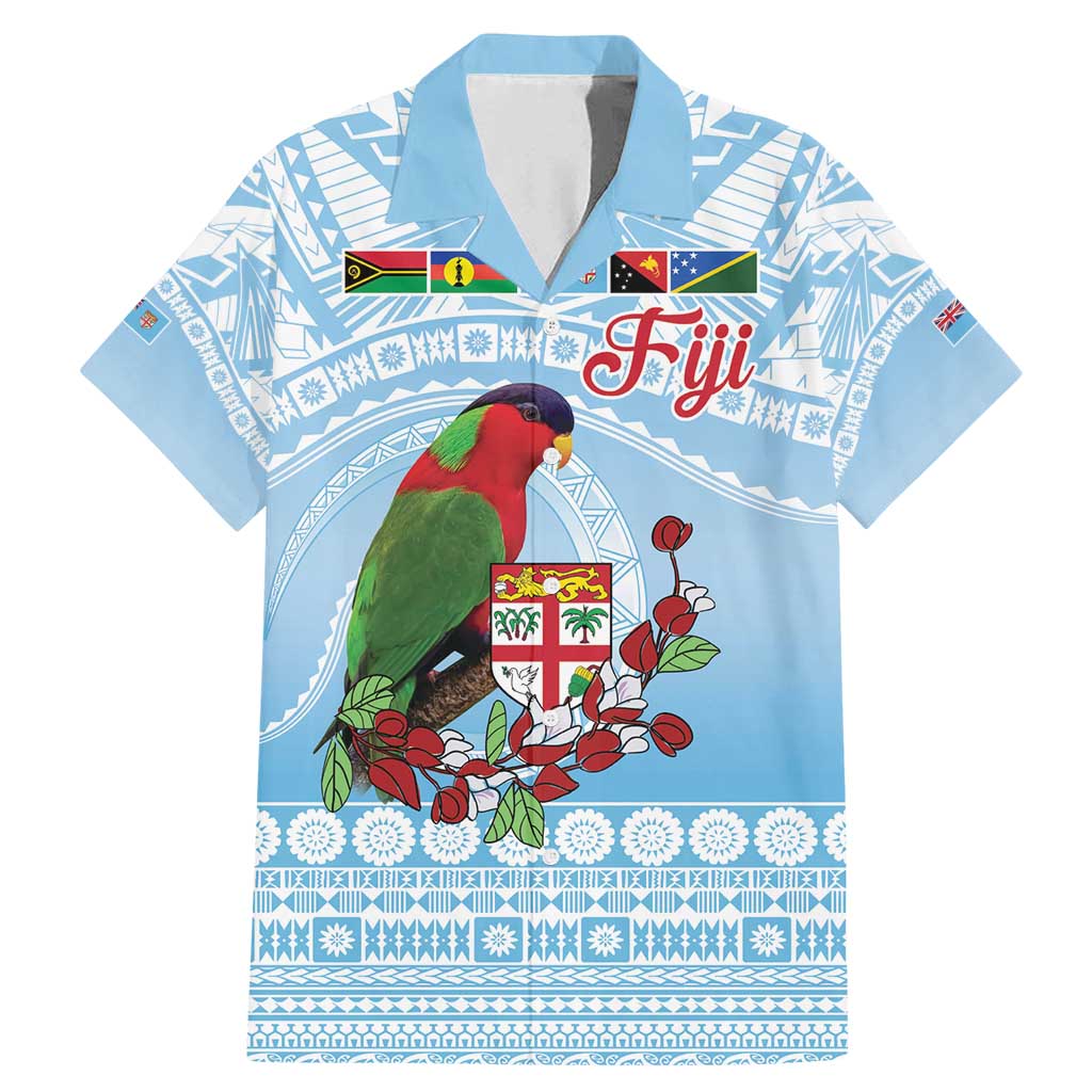 Melanesian Fiji Kula Bird Family Matching Mermaid Dress and Hawaiian Shirt with Tagimoucia Masi Tapa Pattern LT9 Dad's Shirt - Short Sleeve Blue - Polynesian Pride