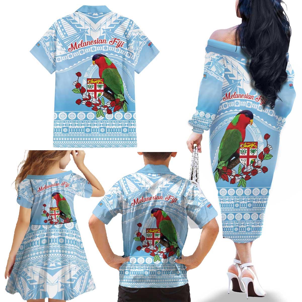 Melanesian Fiji Kula Bird Family Matching Off The Shoulder Long Sleeve Dress and Hawaiian Shirt with Tagimoucia Masi Tapa Pattern LT9 - Polynesian Pride