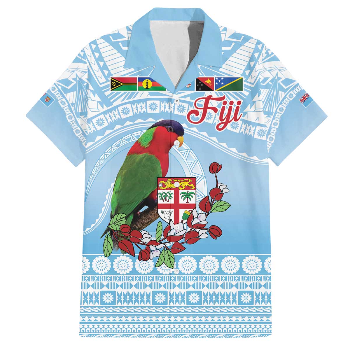 Melanesian Fiji Kula Bird Family Matching Off The Shoulder Long Sleeve Dress and Hawaiian Shirt with Tagimoucia Masi Tapa Pattern LT9 Dad's Shirt - Short Sleeve Blue - Polynesian Pride
