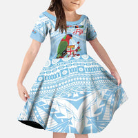 Melanesian Fiji Kula Bird Family Matching Off Shoulder Maxi Dress and Hawaiian Shirt with Tagimoucia Masi Tapa Pattern LT9 Daughter's Dress Blue - Polynesian Pride