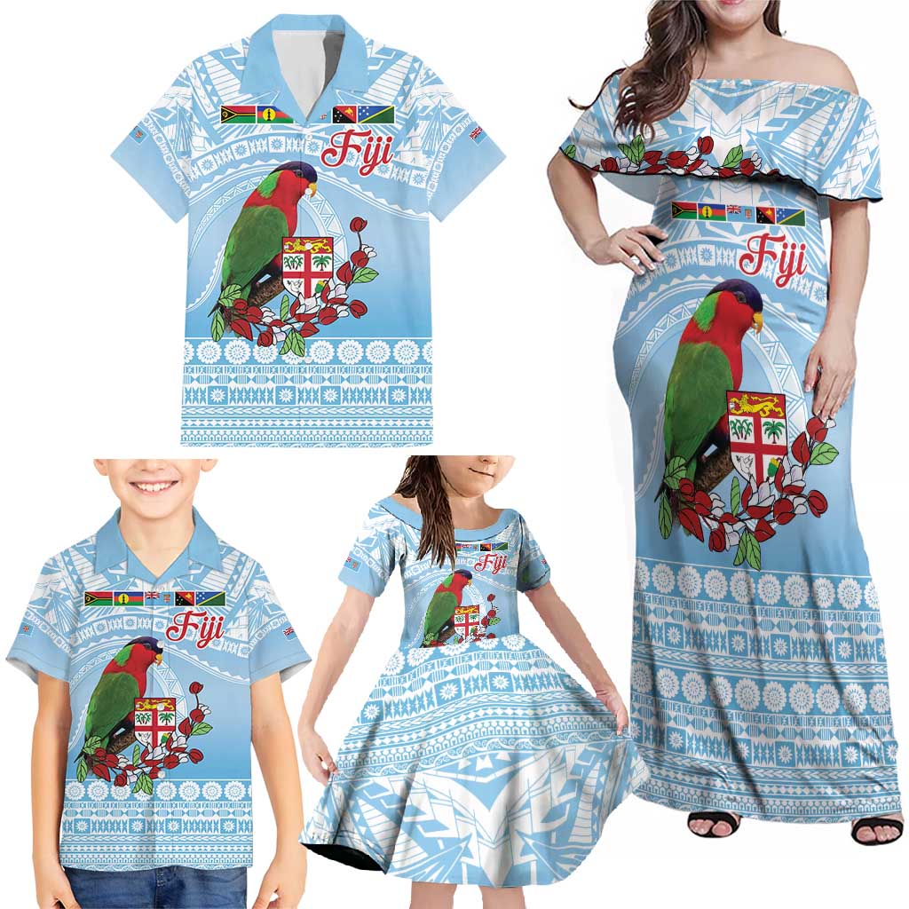Melanesian Fiji Kula Bird Family Matching Off Shoulder Maxi Dress and Hawaiian Shirt with Tagimoucia Masi Tapa Pattern LT9 - Polynesian Pride