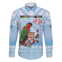 Melanesian Fiji Kula Bird Family Matching Off Shoulder Maxi Dress and Hawaiian Shirt with Tagimoucia Masi Tapa Pattern LT9 Dad's Shirt - Long Sleeve Blue - Polynesian Pride