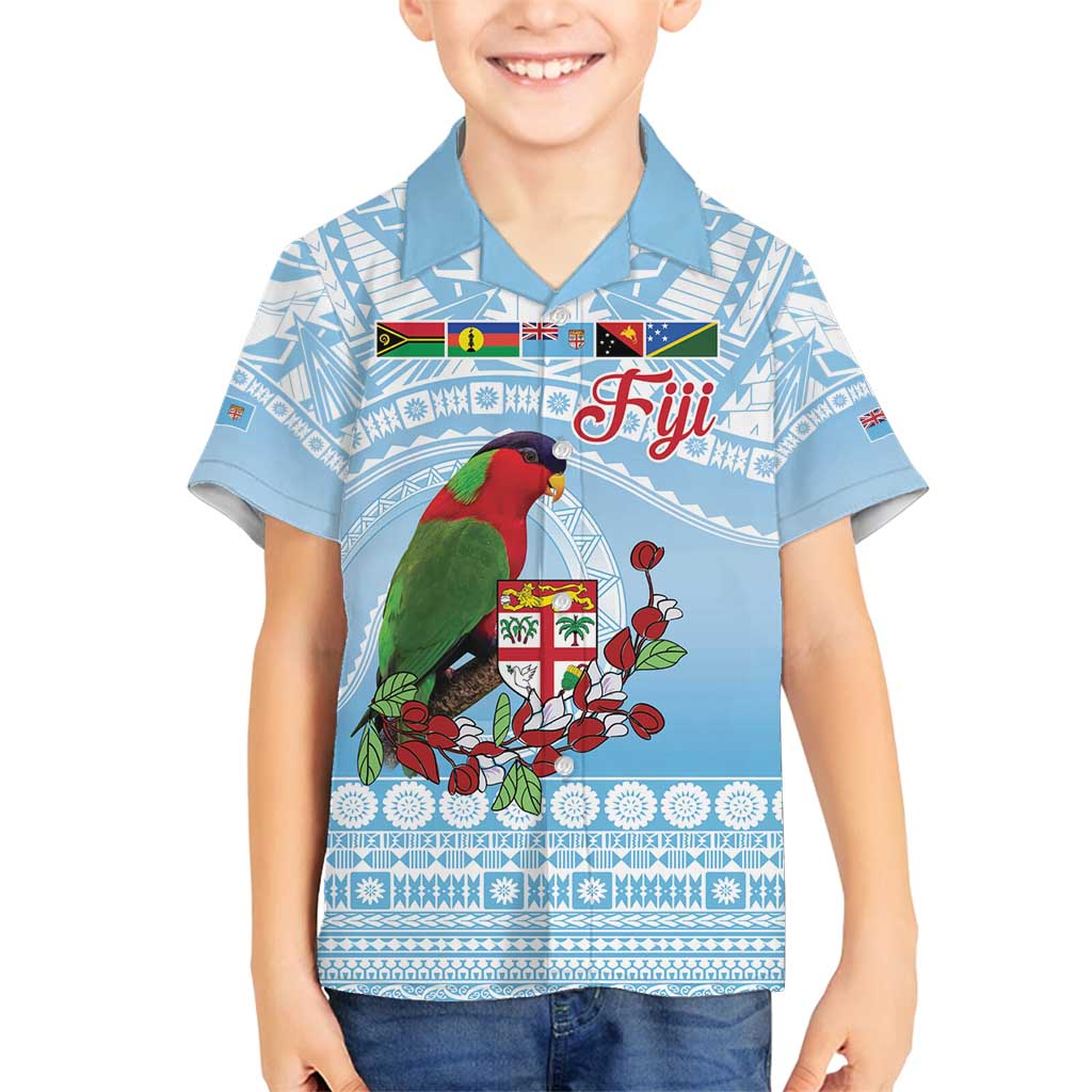 Melanesian Fiji Kula Bird Family Matching Off Shoulder Maxi Dress and Hawaiian Shirt with Tagimoucia Masi Tapa Pattern LT9 Son's Shirt Blue - Polynesian Pride