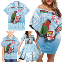 Melanesian Fiji Kula Bird Family Matching Off Shoulder Short Dress and Hawaiian Shirt with Tagimoucia Masi Tapa Pattern LT9 - Polynesian Pride