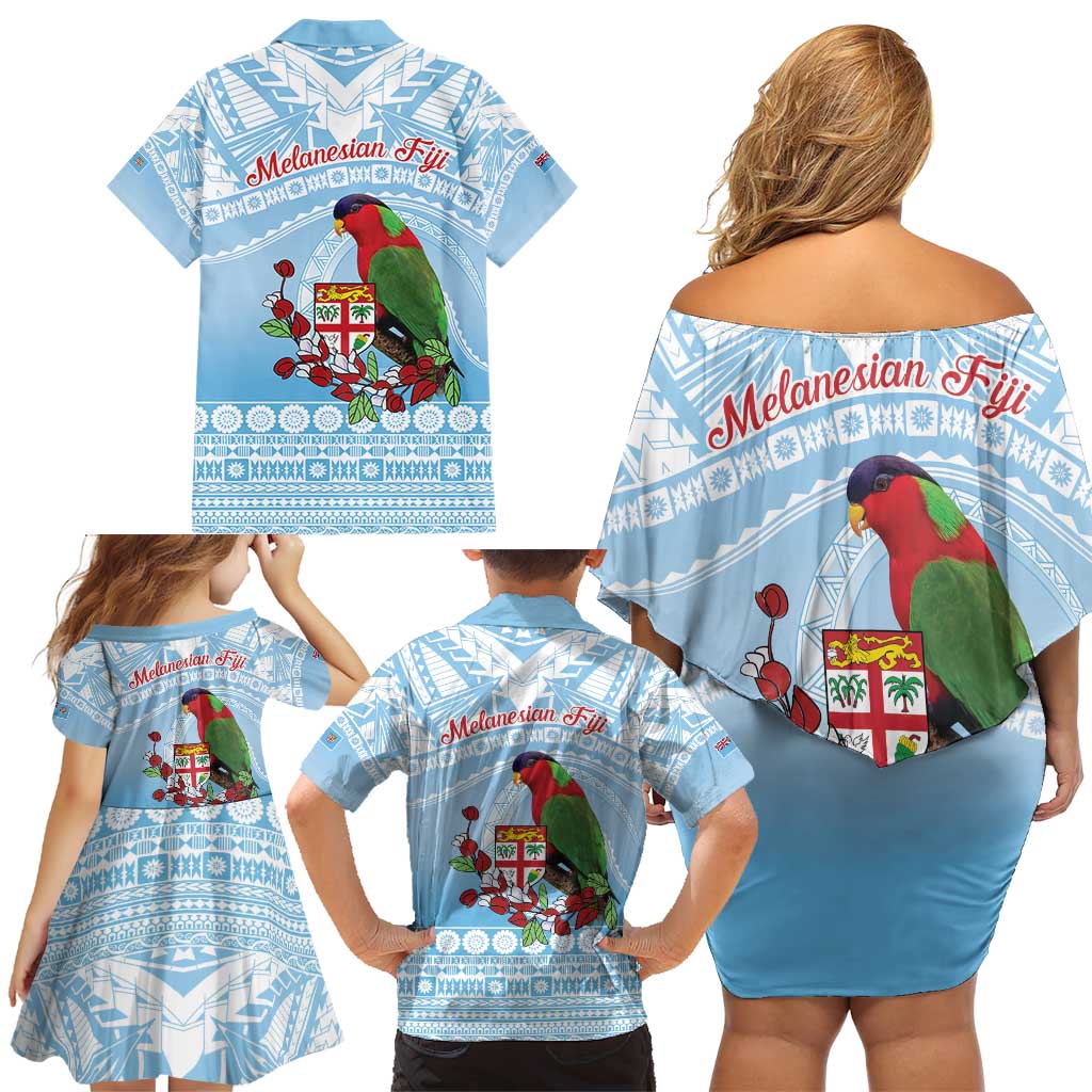 Melanesian Fiji Kula Bird Family Matching Off Shoulder Short Dress and Hawaiian Shirt with Tagimoucia Masi Tapa Pattern LT9 - Polynesian Pride