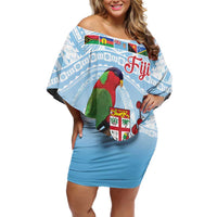 Melanesian Fiji Kula Bird Family Matching Off Shoulder Short Dress and Hawaiian Shirt with Tagimoucia Masi Tapa Pattern LT9 Mom's Dress Blue - Polynesian Pride