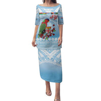 Melanesian Fiji Kula Bird Family Matching Puletasi and Hawaiian Shirt with Tagimoucia Masi Tapa Pattern LT9 Mom's Dress Blue - Polynesian Pride