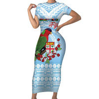 Melanesian Fiji Kula Bird Family Matching Short Sleeve Bodycon Dress and Hawaiian Shirt with Tagimoucia Masi Tapa Pattern LT9 Mom's Dress Blue - Polynesian Pride