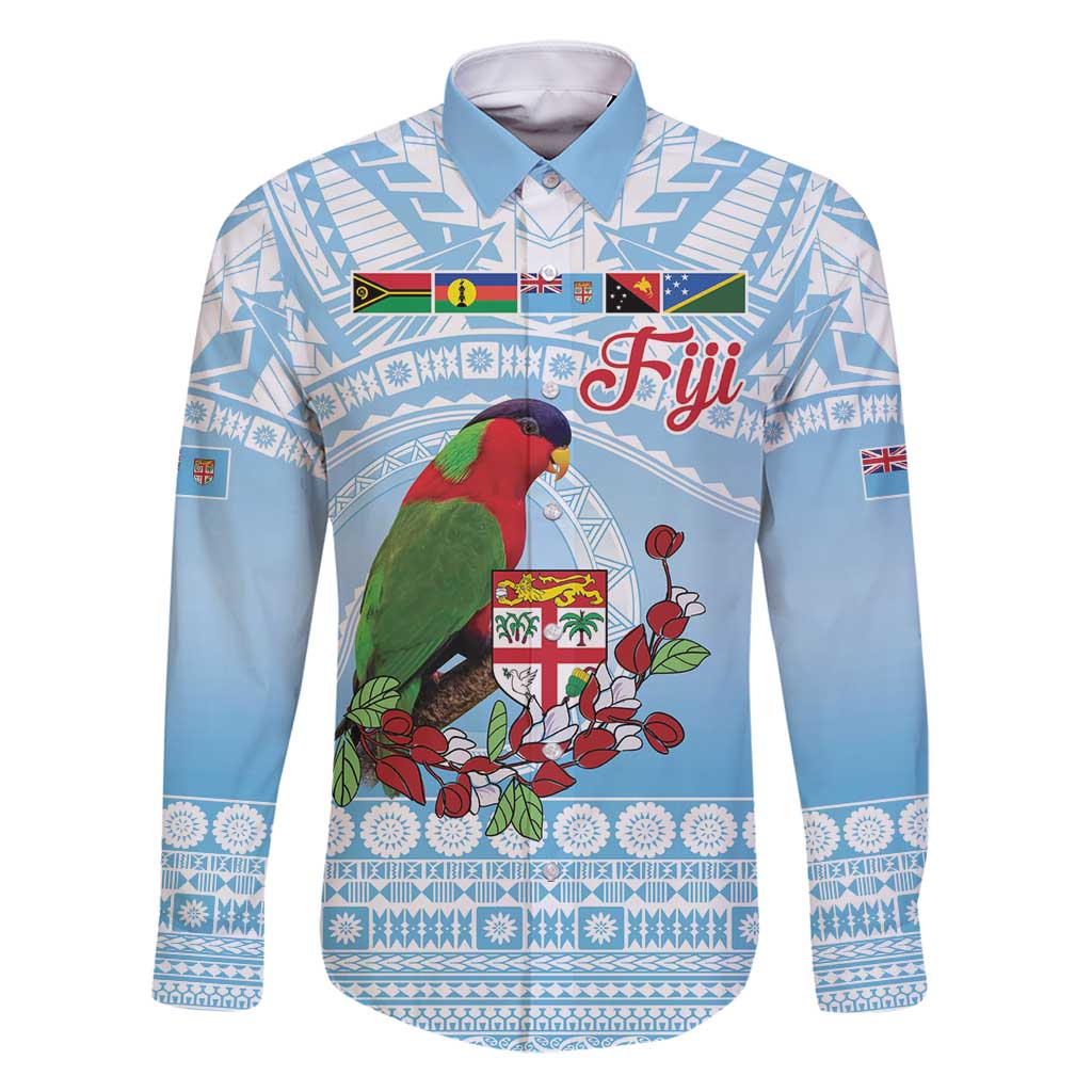 Melanesian Fiji Kula Bird Family Matching Tank Maxi Dress and Hawaiian Shirt with Tagimoucia Masi Tapa Pattern LT9 Dad's Shirt - Long Sleeve Blue - Polynesian Pride