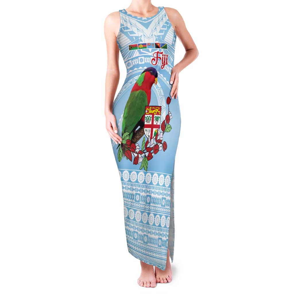 Melanesian Fiji Kula Bird Family Matching Tank Maxi Dress and Hawaiian Shirt with Tagimoucia Masi Tapa Pattern LT9 Mom's Dress Blue - Polynesian Pride