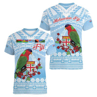 Melanesian Fiji Kula Bird Women V-Neck T-Shirt with Tagimoucia Masi Tapa Pattern