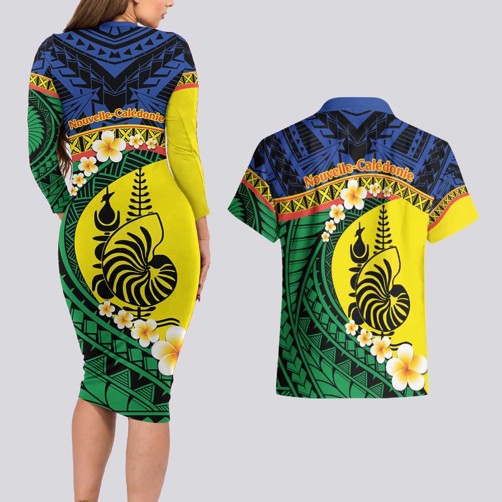 Melanesian New Caledonia Couples Matching Long Sleeve Bodycon Dress and Hawaiian Shirt Plumeria Kagu Bird and Nautilus Shell LT9 - Polynesian Pride