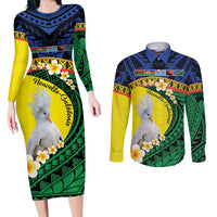 Melanesian New Caledonia Couples Matching Long Sleeve Bodycon Dress and Long Sleeve Button Shirt Plumeria Kagu Bird and Nautilus Shell LT9 Blue - Polynesian Pride
